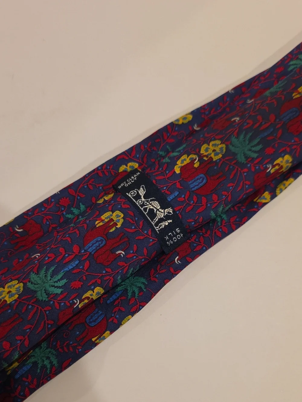 Hermes Silk Men's Patterned Red Silk Tie with Elephant & Palm Motif